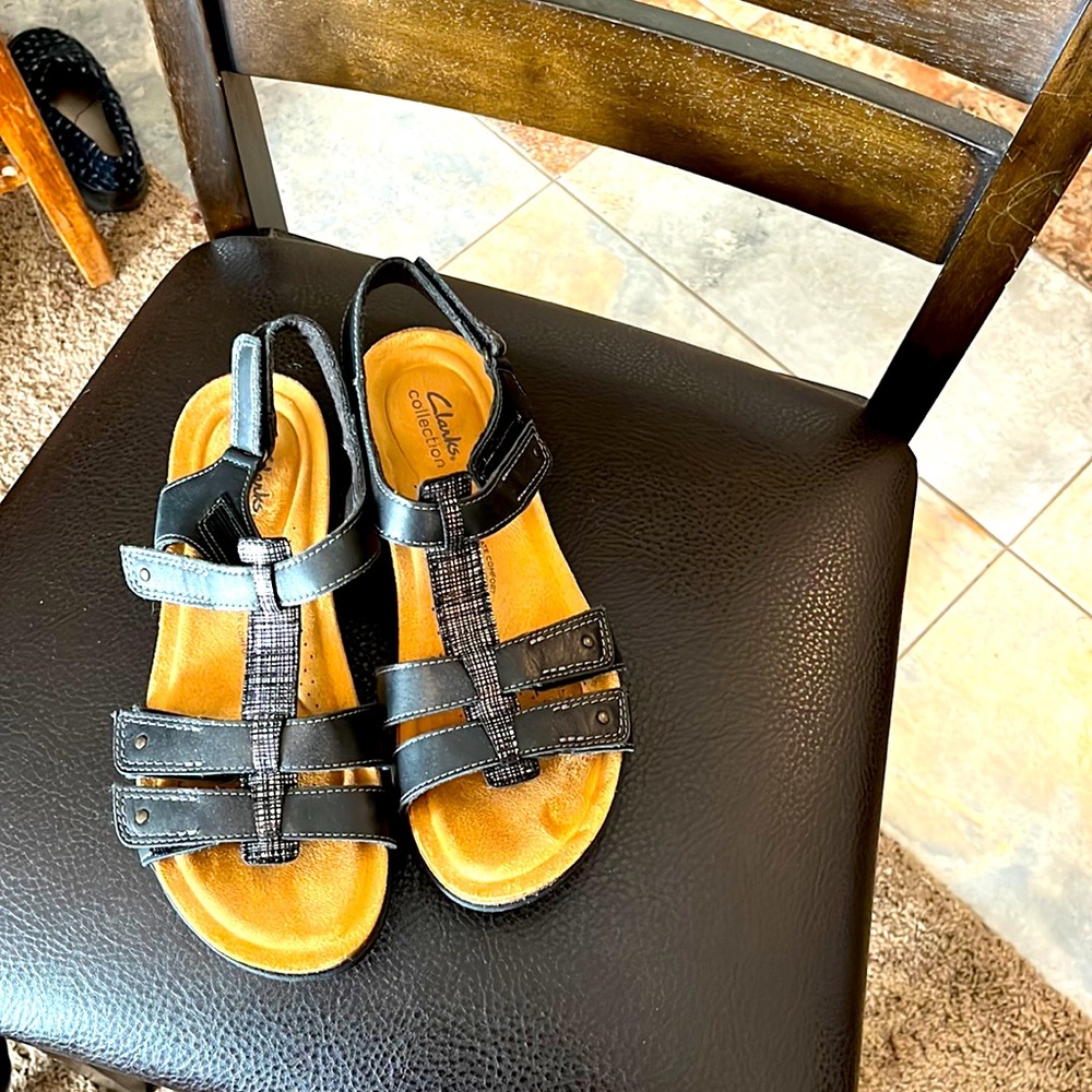 Women’s Sandals, Flats, Black, Brown, Velcro, Clarks Collection, Size 6 1/2